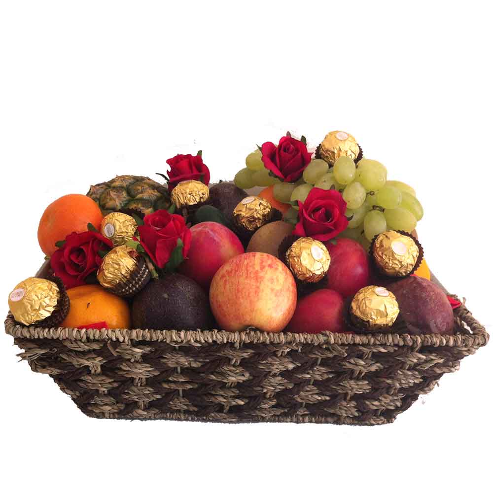 Fruit Basket with Red Roses + Ferrero